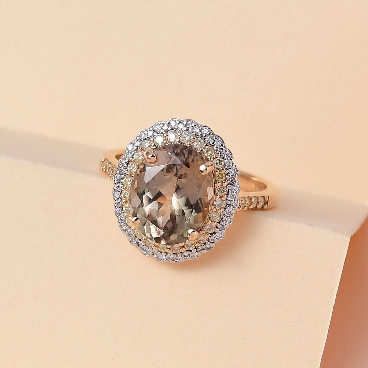 Iliana 18K Yellow Gold AAA Turkizite, SI Natural Yellow and White Diamond Double Halo Ring 4.10 Grams 4.60 ctw image number 1