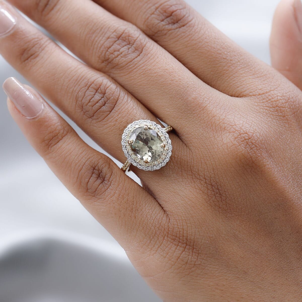 Iliana 18K Yellow Gold AAA Turkizite, SI Natural Yellow and White Diamond Double Halo Ring 4.10 Grams 4.60 ctw image number 2