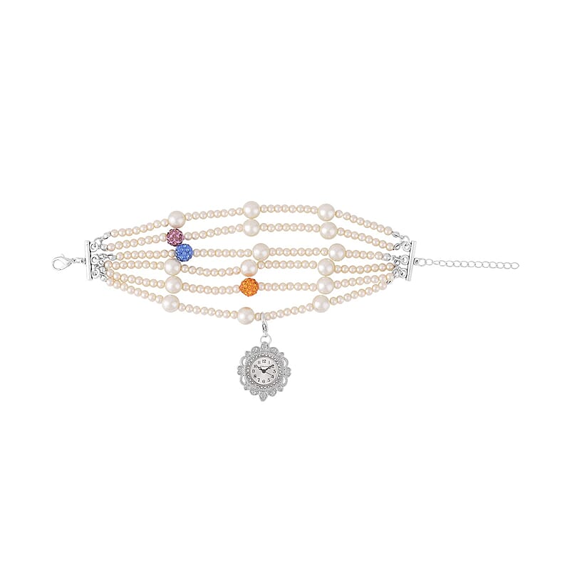 Strada Japanese Movement White Glass, Multi Color Austrian Crystal Beaded Bracelet Watch in Silvertone (27.70mm) (7.5-8.0In)