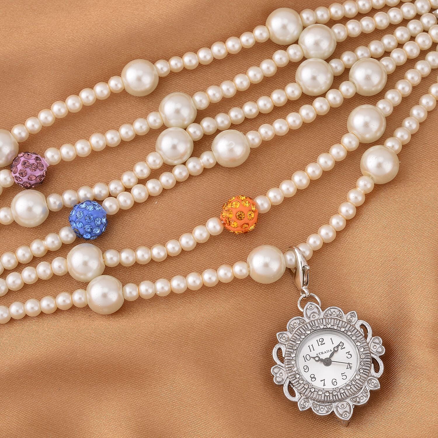 Strada Japanese Movement White Glass, Multi Color Austrian Crystal Beaded Bracelet Watch in Silvertone (27.70mm) (7.5-8.0In)
