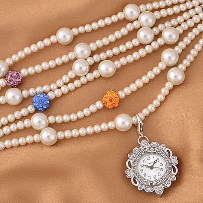 Strada Japanese Movement White Glass, Multi Color Austrian Crystal Beaded Bracelet Watch in Silvertone (27.70mm) (7.5-8.0In)