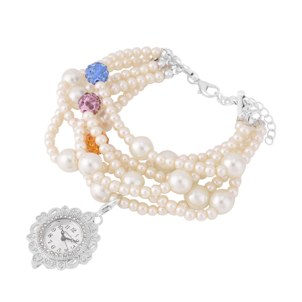 Strada Japanese Movement White Glass, Multi Color Austrian Crystal Beaded Bracelet Watch in Silvertone (27.70mm) (7.5-8.0In) image number 2
