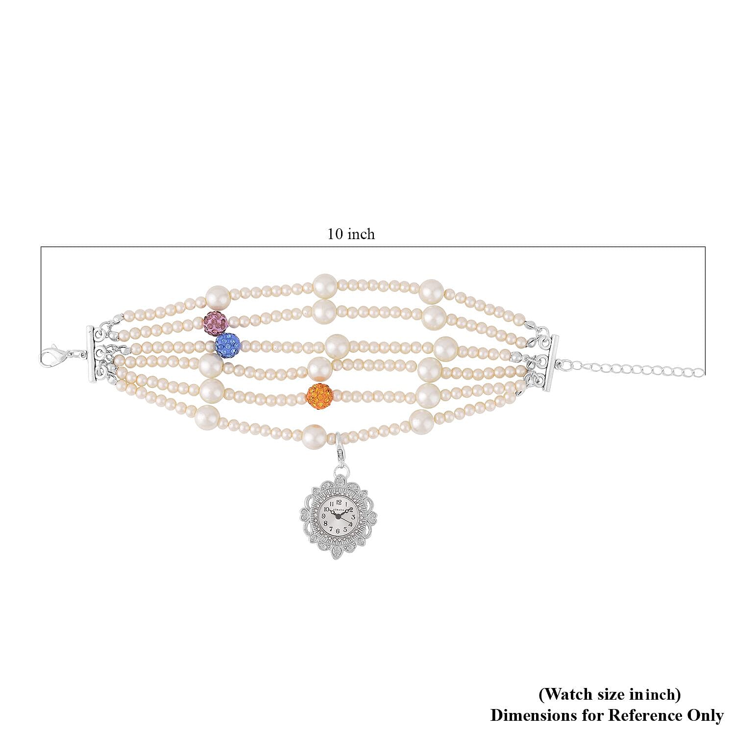 Strada Japanese Movement White Glass, Multi Color Austrian Crystal Beaded Bracelet Watch in Silvertone (27.70mm) (7.5-8.0In)
