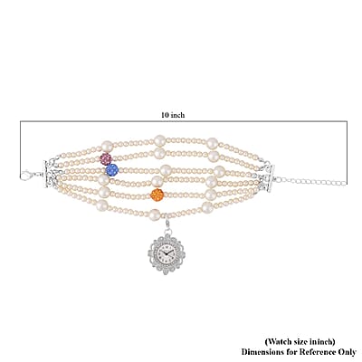 Strada Japanese Movement White Glass, Multi Color Austrian Crystal Beaded Bracelet Watch in Silvertone (27.70mm) (7.5-8.0In)