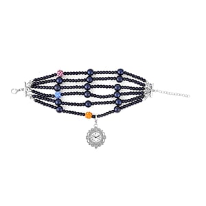 Strada Japanese Movement Black Glass, Multi Color Austrian Crystal Beaded Bracelet Watch in Silvertone (27.70mm) (7.5-8.0In)