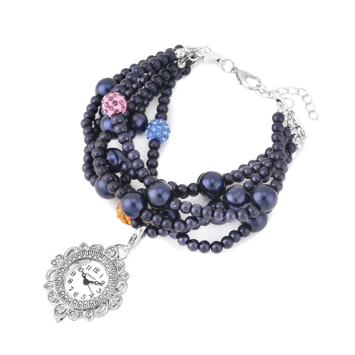 Strada Japanese Movement Black Glass, Multi Color Austrian Crystal Beaded Bracelet Watch in Silvertone (27.70mm) (7.5-8.0In) image number 2