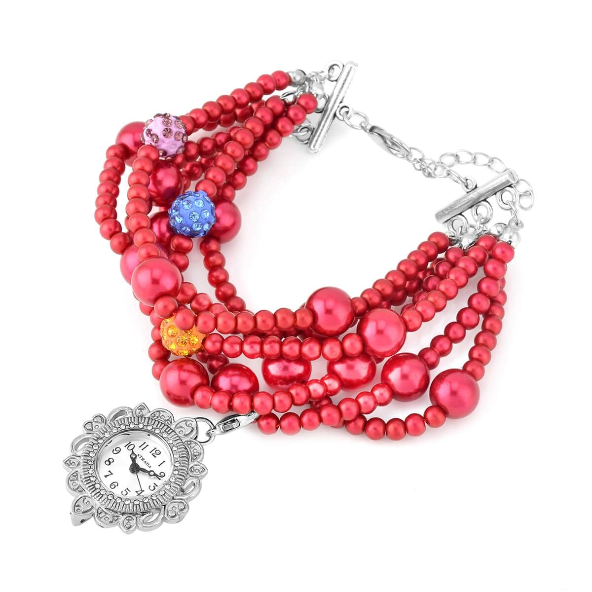 Strada Japanese Movement Fuchsia Glass, Multi Color Austrian Crystal Beaded Bracelet Watch in Silvertone (27.70mm) (7.5-8.0In) image number 2