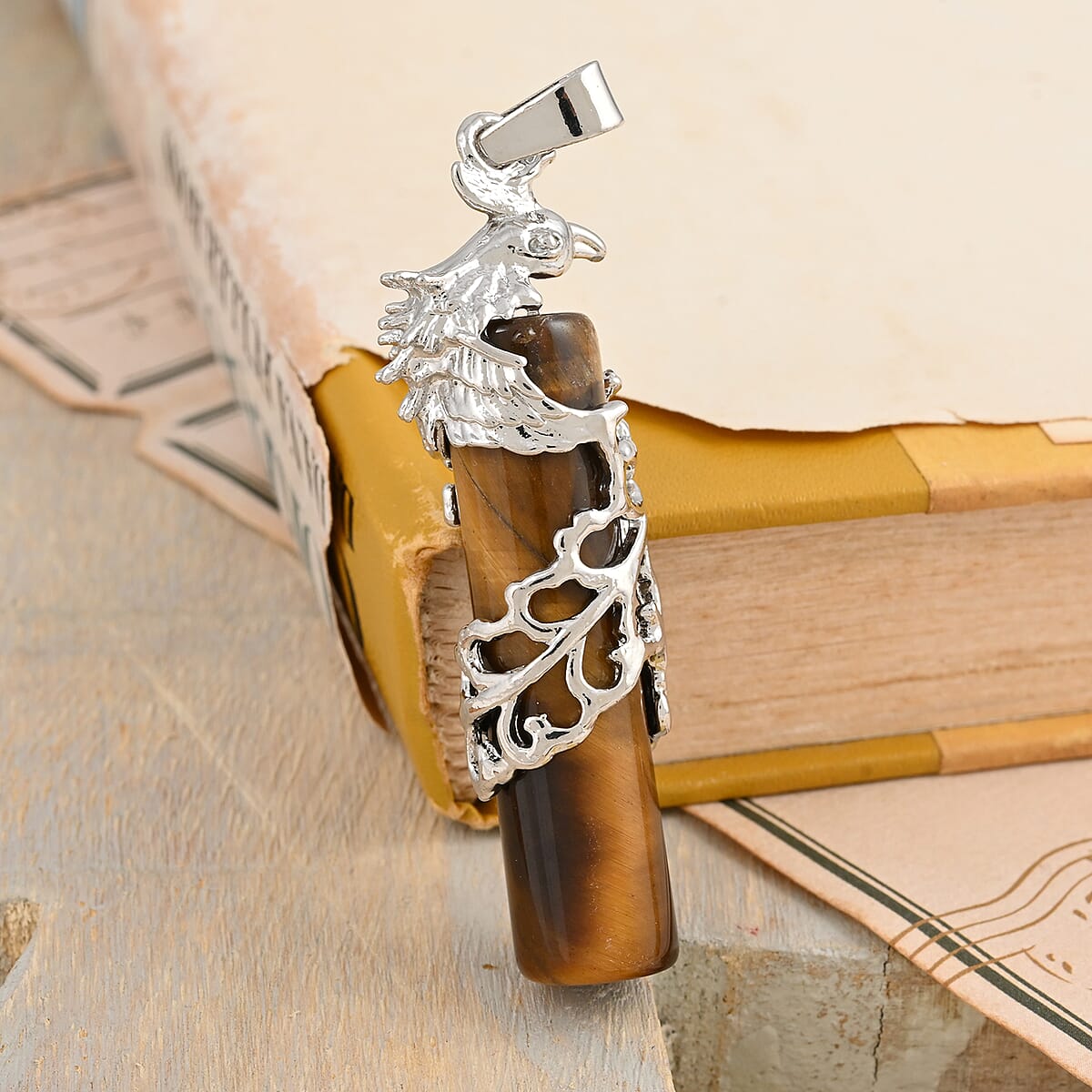 Yellow Tiger's Eye 50.50 ctw Cylinder Phoenix Pendant in Silvertone image number 1