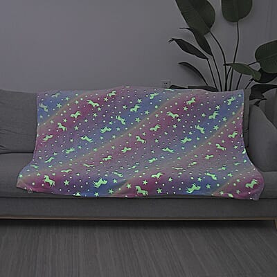 Unicorn & Star Print Glow in the Dark Flannel Throw - Purple and Pink