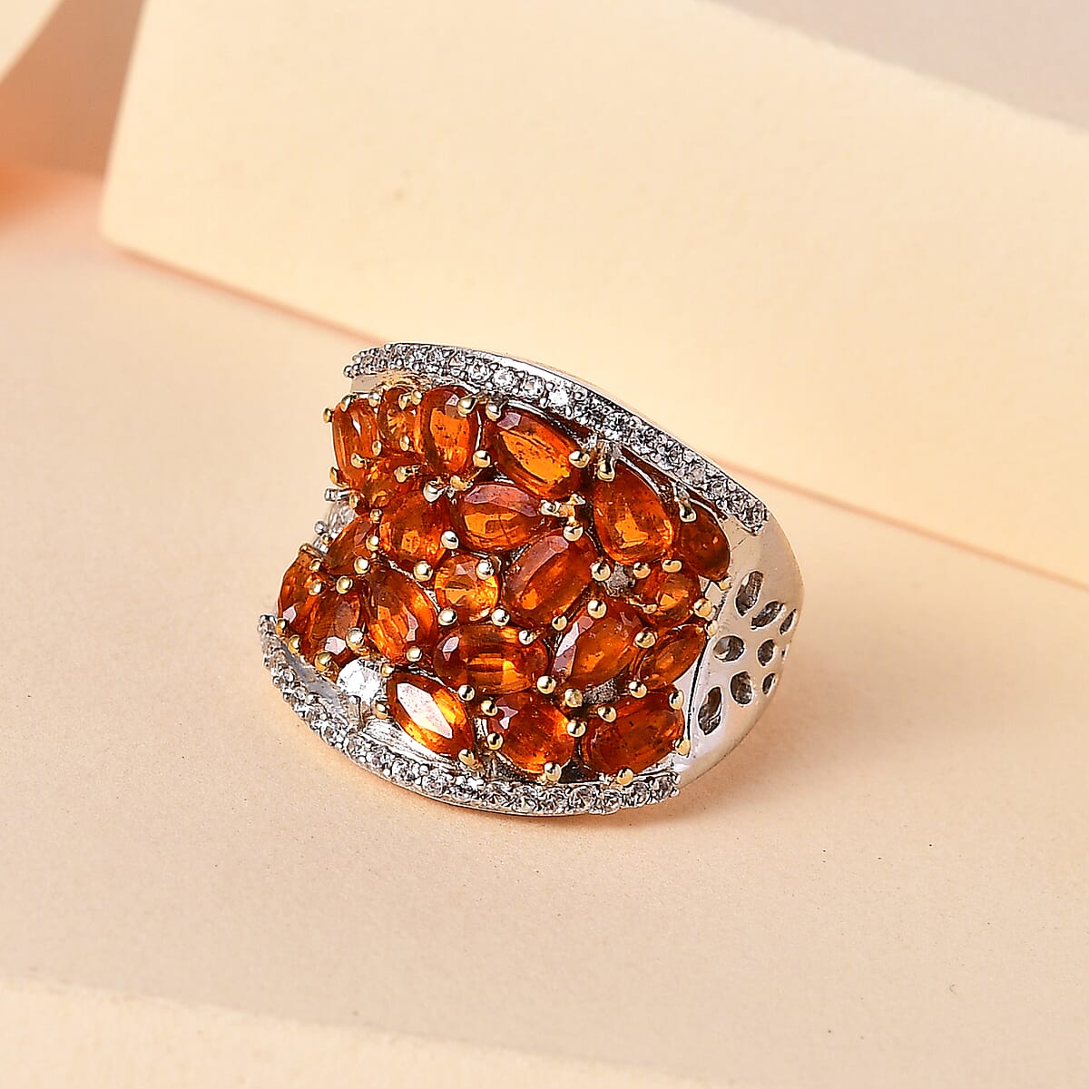 Tangerine Kyanite and White Zircon Floral Ring in 14K Yellow Gold and Platinum Over Sterling Silver 5.70 ctw image number 1