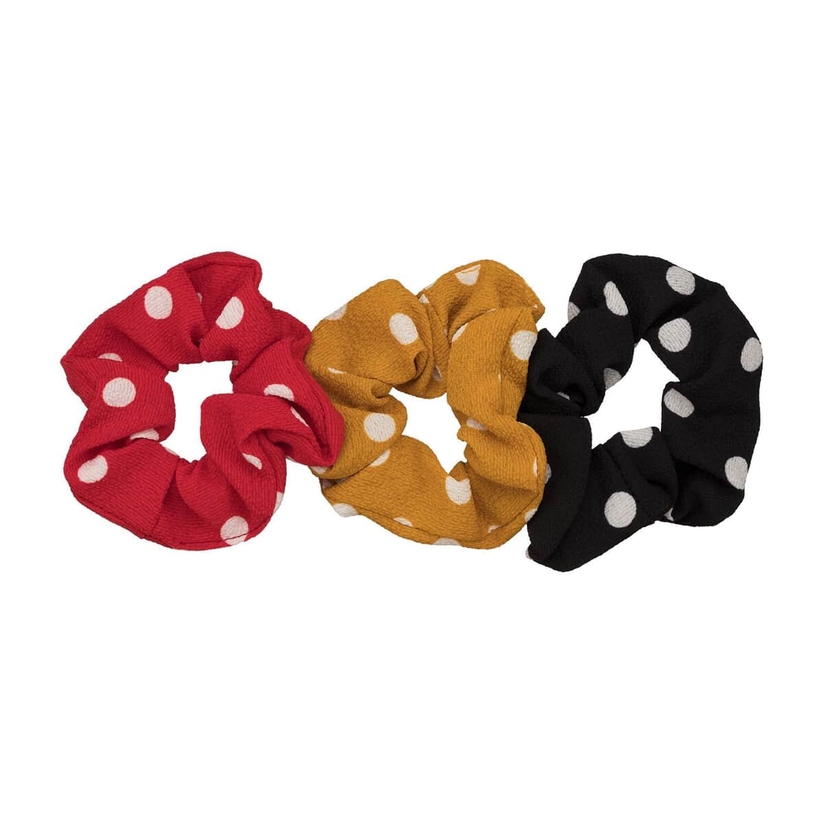 Set of 3- Red, Mustard and Black Trio Polka Dot Hair Scrunchies (2.75"x0.75") image number 0