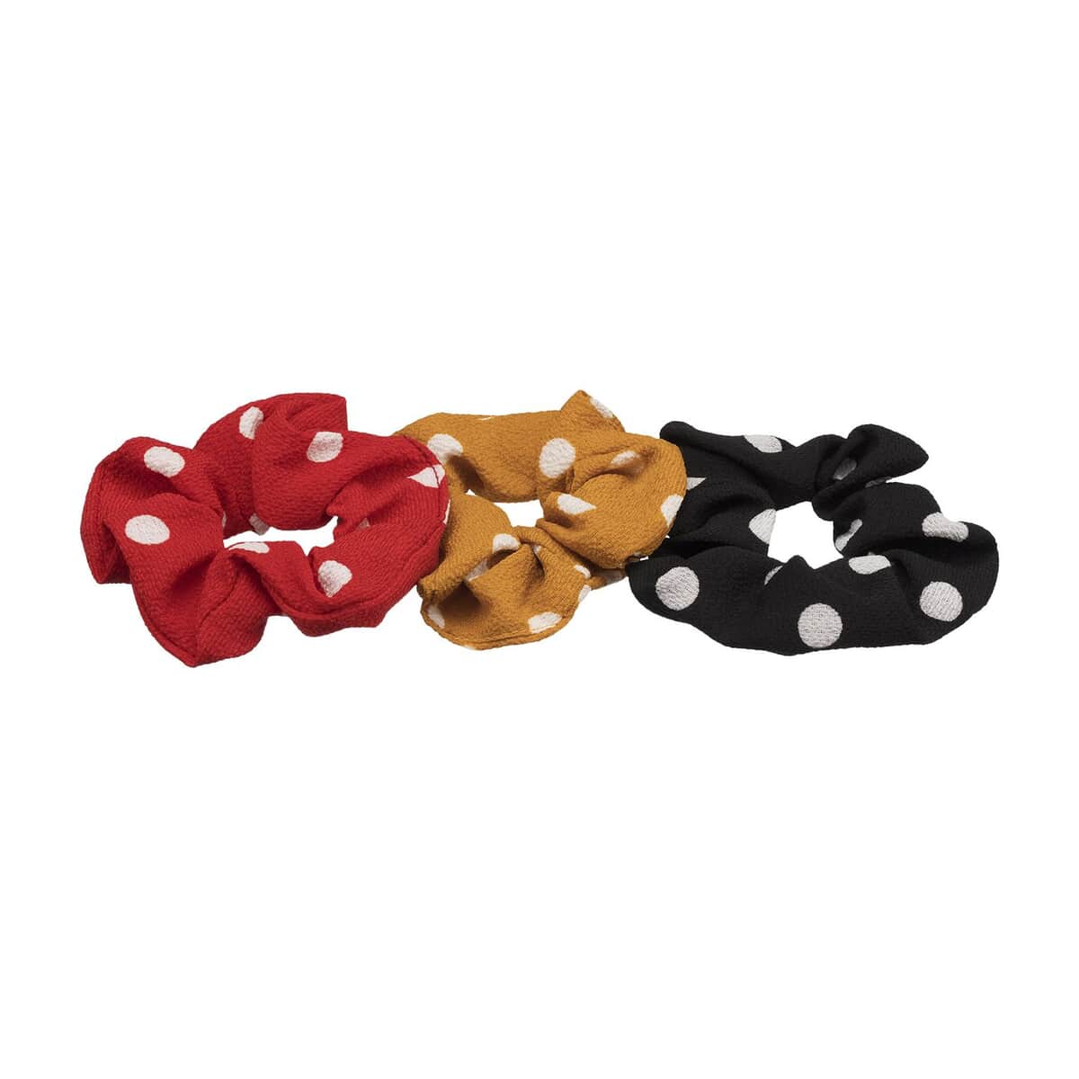 Set of 3- Red, Mustard and Black Trio Polka Dot Hair Scrunchies (2.75"x0.75") image number 1