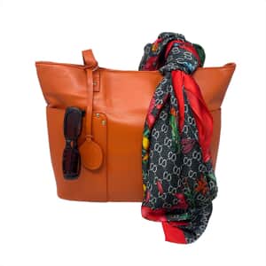 Youzey 3 PC Set - Vegan Leather Tote in Orange, Ultrasoft Scarf and Sunglasses Set , Women's Designer Work Tote Bag , Accessory set