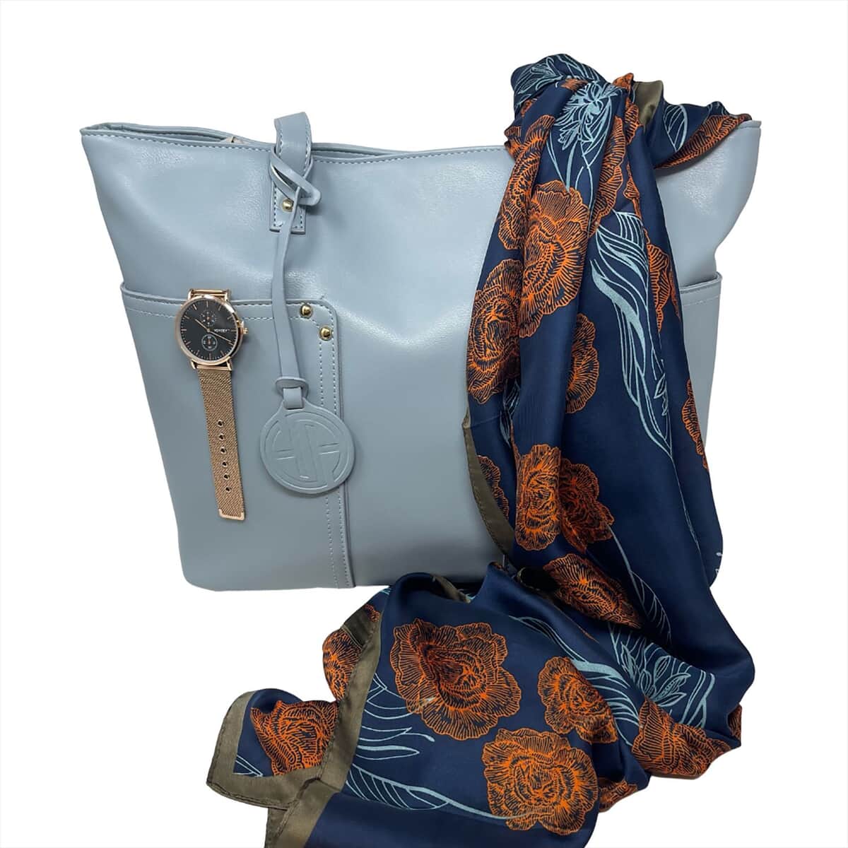 Youzey Blue 3pc Set - Vegan Leather Tote Bag, Lightweight Scarf and Watch | Women's Designer Work Tote Bag | Designer Bracelet Watch | Accessory set image number 0