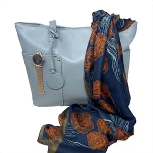 Youzey Blue 3pc Set - Vegan Leather Tote Bag, Lightweight Scarf and Watch | Women's Designer Work Tote Bag | Designer Bracelet Watch | Accessory set