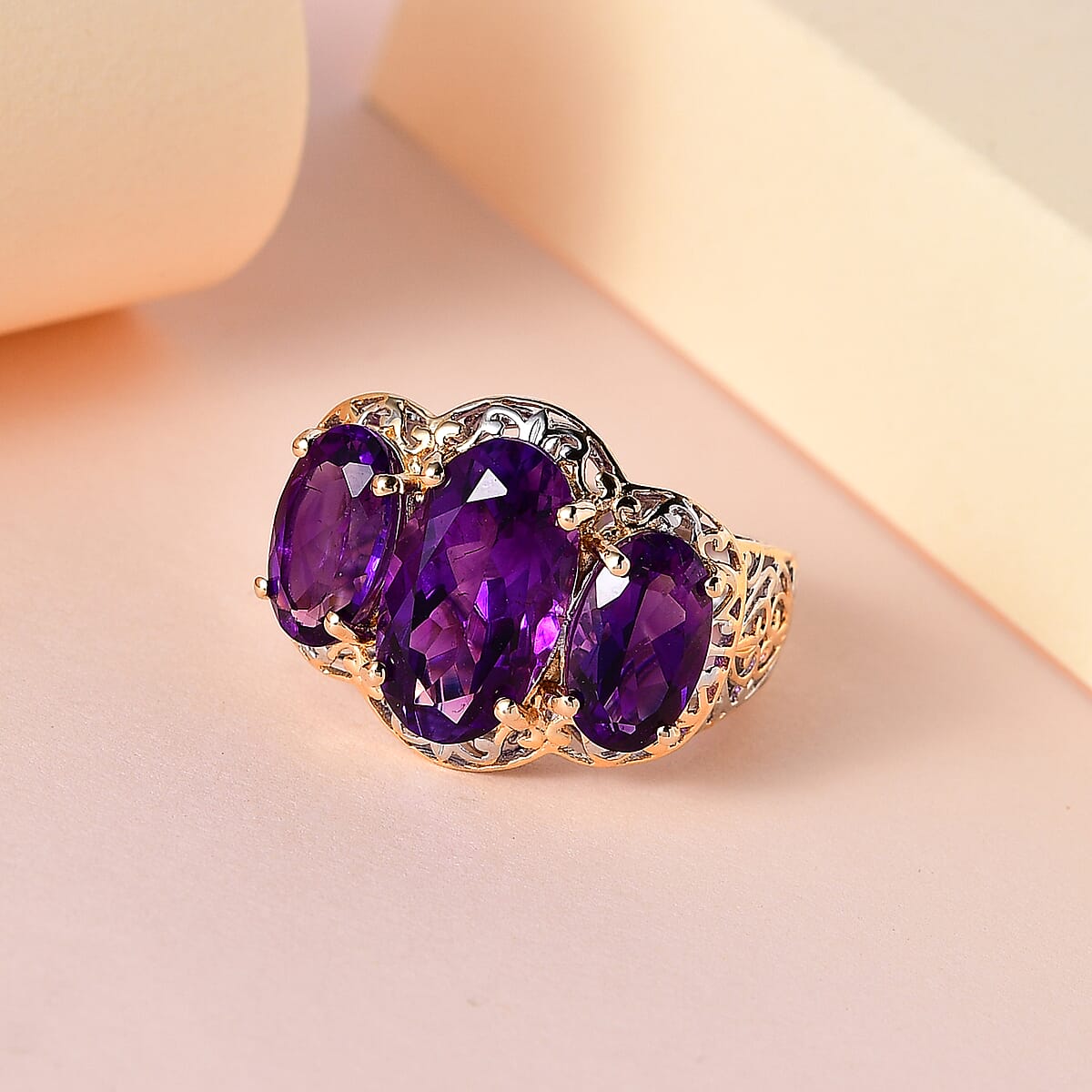 Premium Moroccan Amethyst 3 Stone Ring in Vermeil Yellow Gold and Platinum Over Sterling Silver 7.25 ctw image number 1