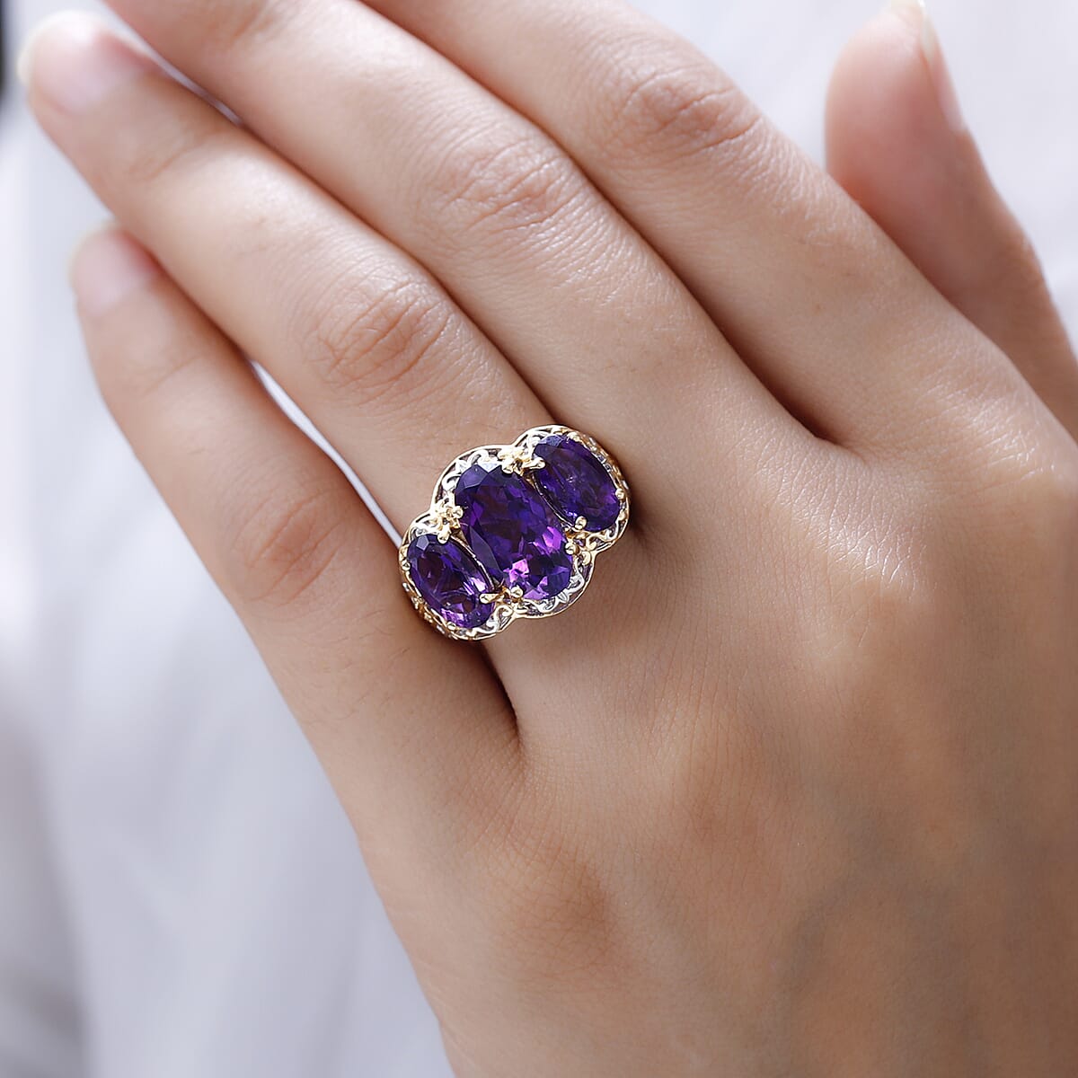 Premium Moroccan Amethyst 3 Stone Ring in Vermeil Yellow Gold and Platinum Over Sterling Silver (Size 7.0) 7.25 ctw image number 2