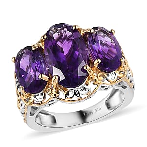 Premium Moroccan Amethyst 3 Stone Ring in Vermeil Yellow Gold and Platinum Over Sterling Silver (Size 8.0) 7.25 ctw