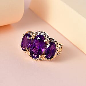 Premium Moroccan Amethyst 3 Stone Ring in Vermeil Yellow Gold and Platinum Over Sterling Silver (Size 8.0) 7.25 ctw