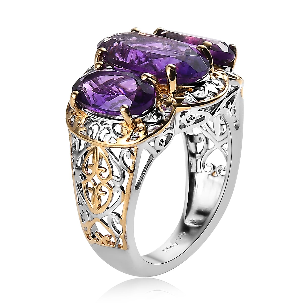 Premium Moroccan Amethyst 3 Stone Ring in Vermeil Yellow Gold and Platinum Over Sterling Silver (Size 8.0) 7.25 ctw image number 3