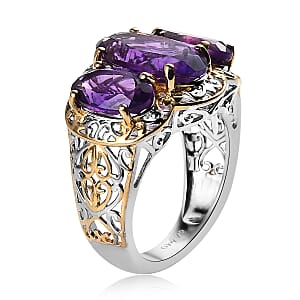 Premium Moroccan Amethyst 3 Stone Ring in Vermeil Yellow Gold and Platinum Over Sterling Silver (Size 8.0) 7.25 ctw