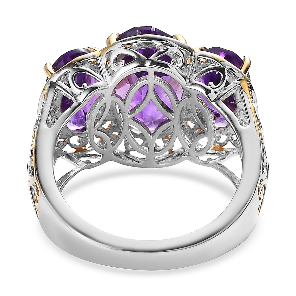 Premium Moroccan Amethyst 3 Stone Ring in Vermeil Yellow Gold and Platinum Over Sterling Silver (Size 8.0) 7.25 ctw image number 4