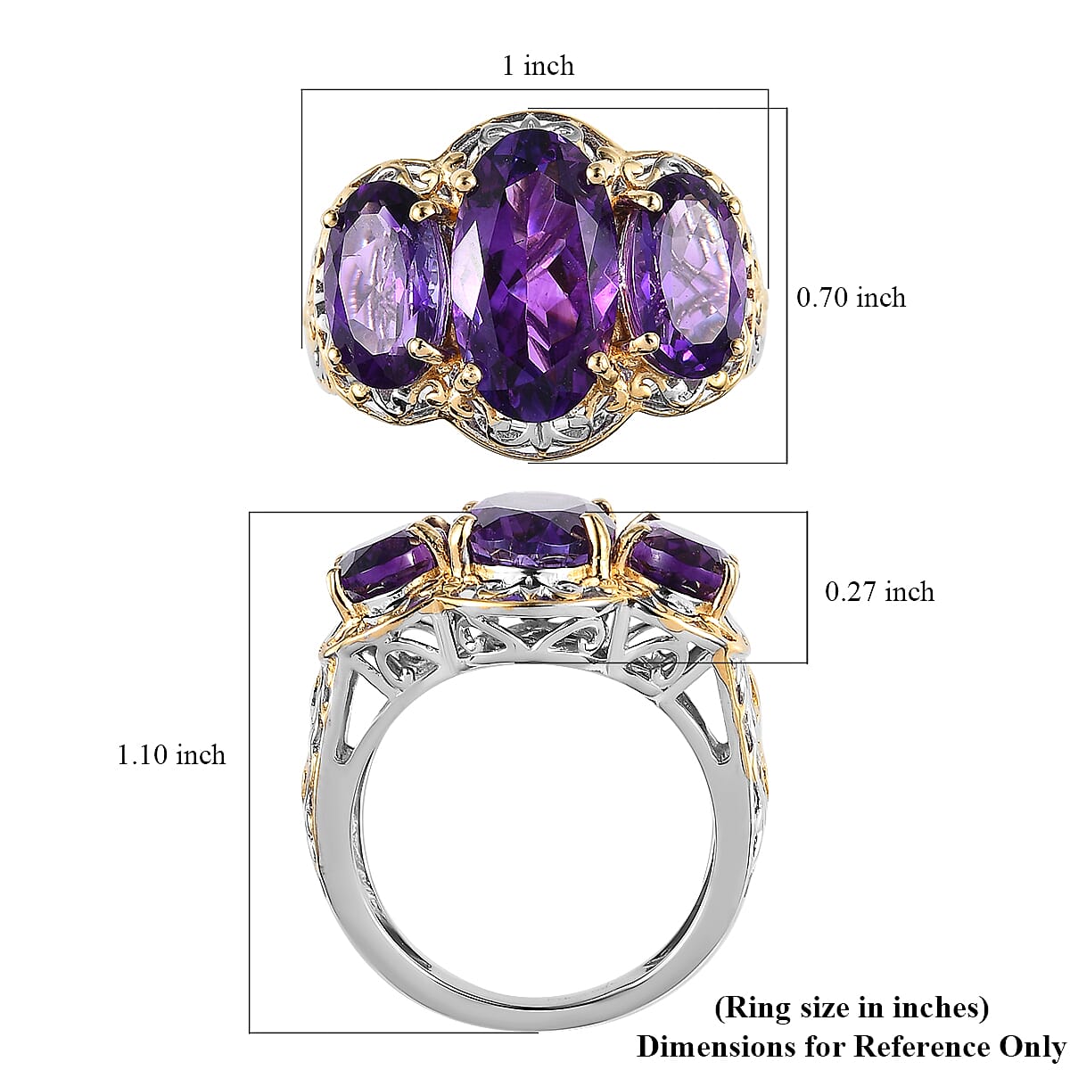 Premium Moroccan Amethyst 3 Stone Ring in Vermeil Yellow Gold and Platinum Over Sterling Silver (Size 8.0) 7.25 ctw image number 5