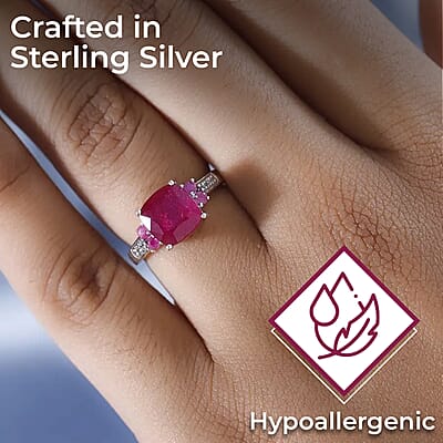 Niassa Ruby Ring ,White Zircon Accent Ring , Platinum Over Sterling Silver Ring , Engagement Ring 3.90 ctw