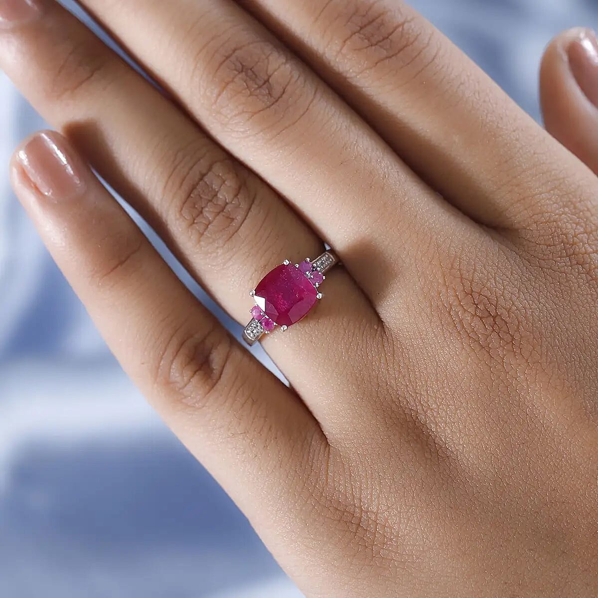 Niassa Ruby (FF) and White Zircon Ring in Platinum Over Sterling Silver 3.90 ctw image number 5