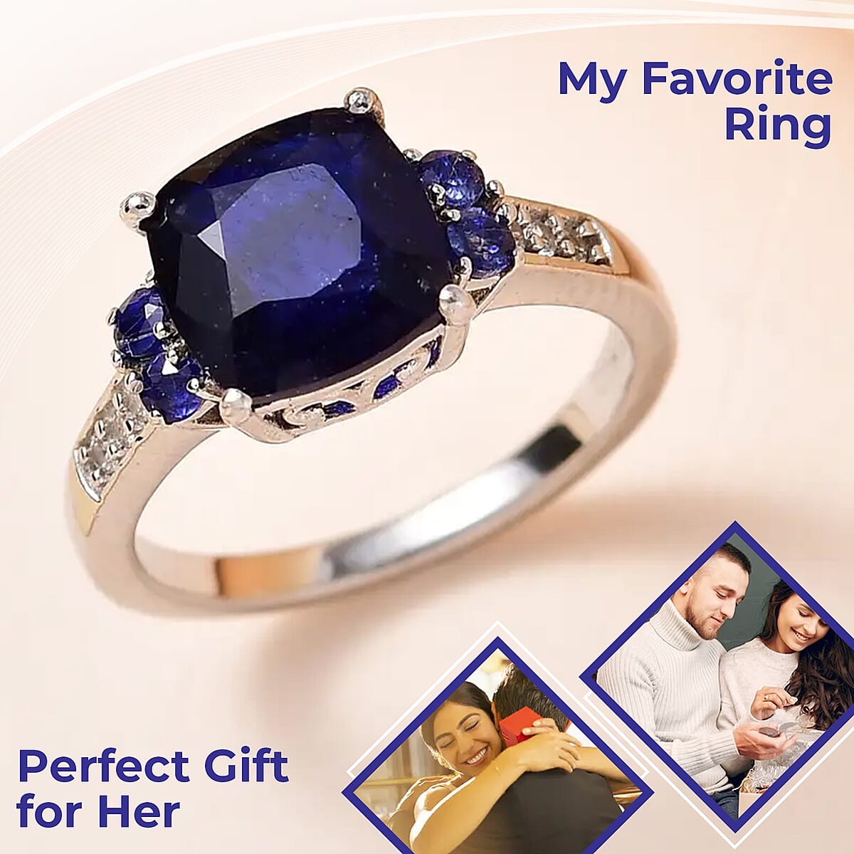 Masoala Sapphire Ring, White Zircon Accent Ring, Platinum Over Sterling Silver Ring, Engagement Ring 3.40 ctw image number 1