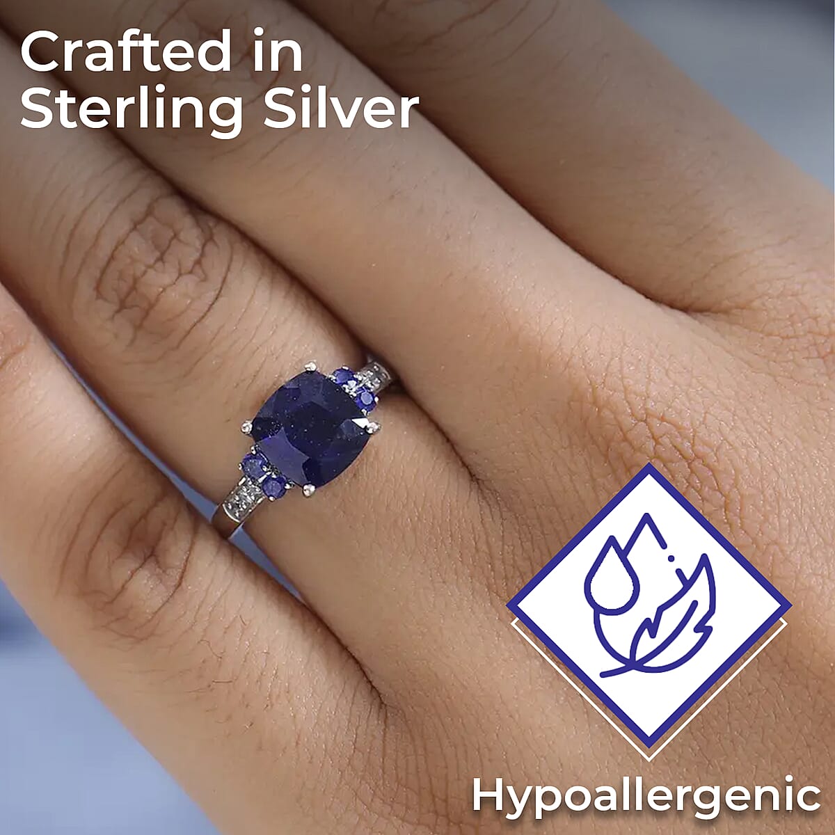 Masoala Sapphire Ring, White Zircon Accent Ring, Platinum Over Sterling Silver Ring, Engagement Ring 3.40 ctw image number 2