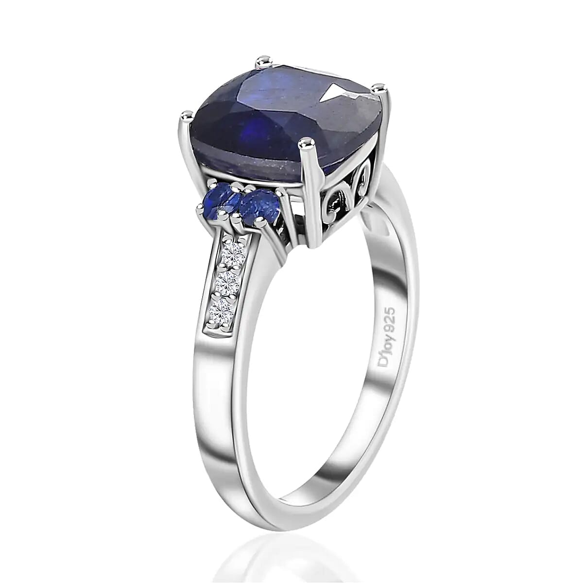 Masoala Sapphire Ring, White Zircon Accent Ring, Platinum Over Sterling Silver Ring, Engagement Ring 3.40 ctw image number 3