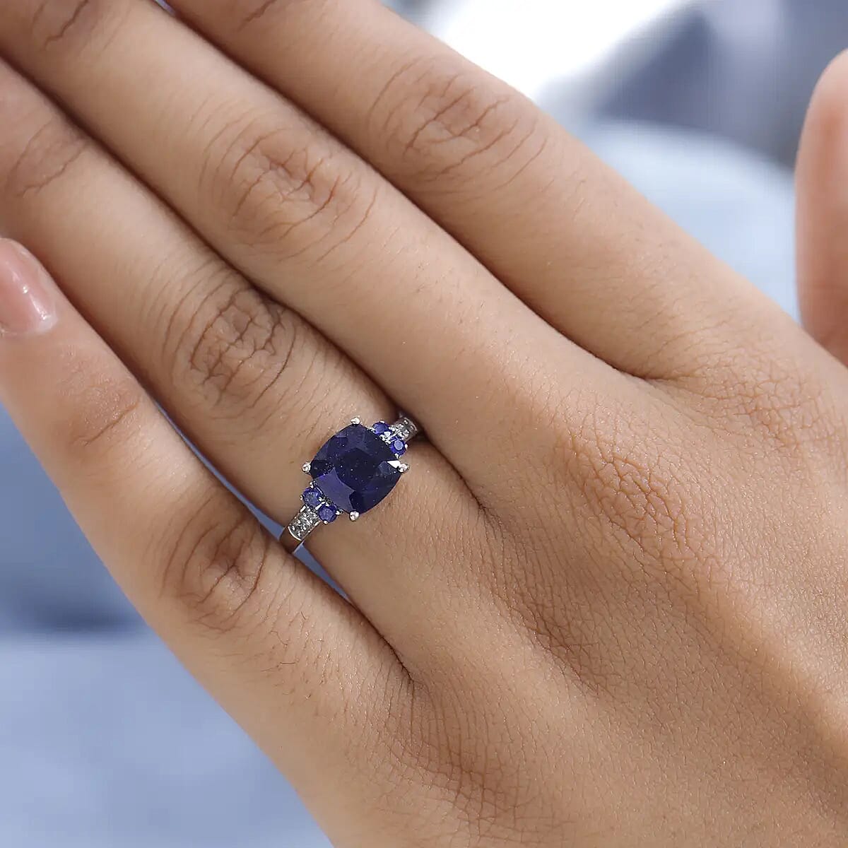 Masoala Sapphire Ring, White Zircon Accent Ring, Platinum Over Sterling Silver Ring, Engagement Ring 3.40 ctw image number 5