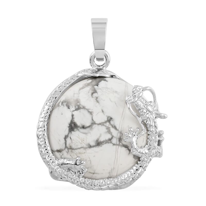 Howlite Dragon Sphere Pendant in Silvertone 25.00 ctw