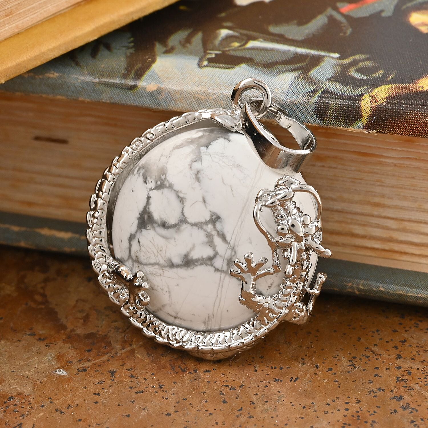 Howlite Dragon Sphere Pendant in Silvertone 25.00 ctw
