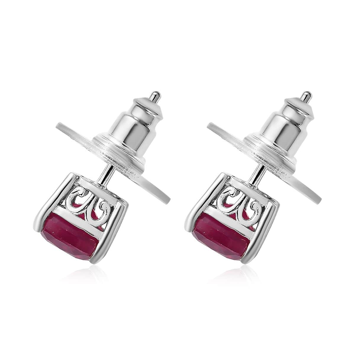 Niassa Ruby (FF) 5.35 ctw Earrings, Ruby Solitaire Stud Earrings, Ruby Studs, Platinum Over Sterling Silver Earrings, Silver Studs image number 3