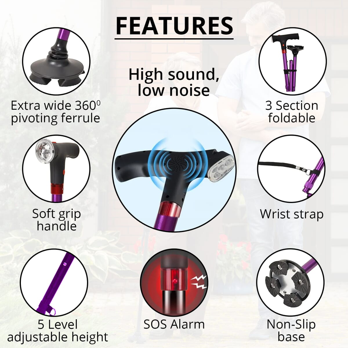 Purple Foldable Smart Walking Cane with LED Light and SOS Alarm (2xAAA Not Included) image number 2