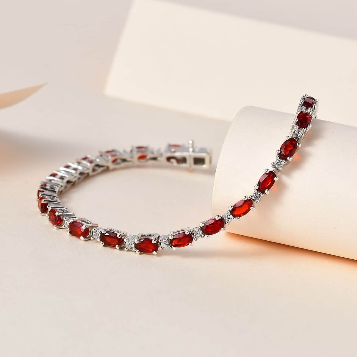 Mexican Cherry Fire Opal and White Zircon Tennis Bracelet in Platinum Over Sterling Silver (6.50 In) 3.90 ctw image number 1