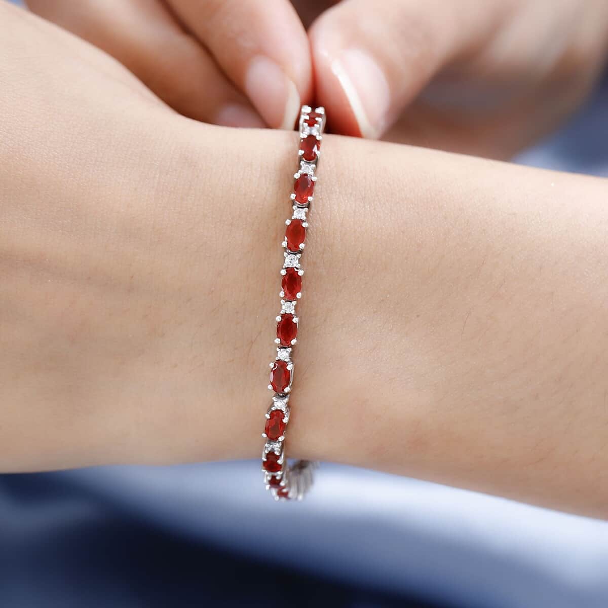 Mexican Cherry Fire Opal and White Zircon Tennis Bracelet in Platinum Over Sterling Silver (6.50 In) 3.90 ctw image number 2