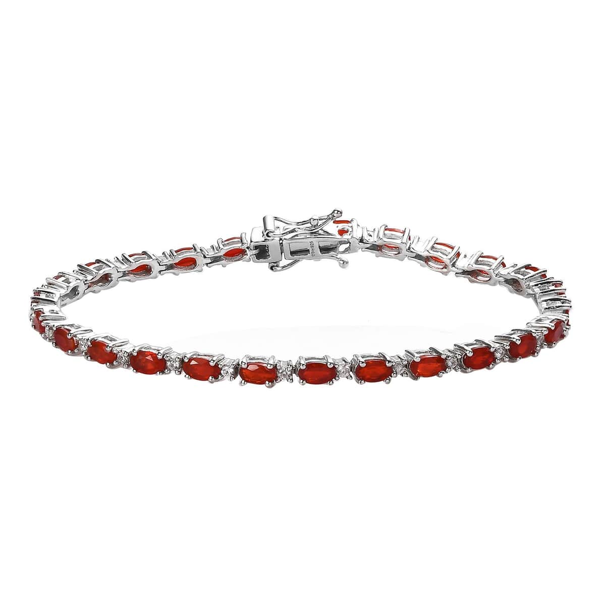 Mexican Cherry Fire Opal and White Zircon Tennis Bracelet in Platinum Over Sterling Silver (7.25 In) 4.50 ctw image number 0