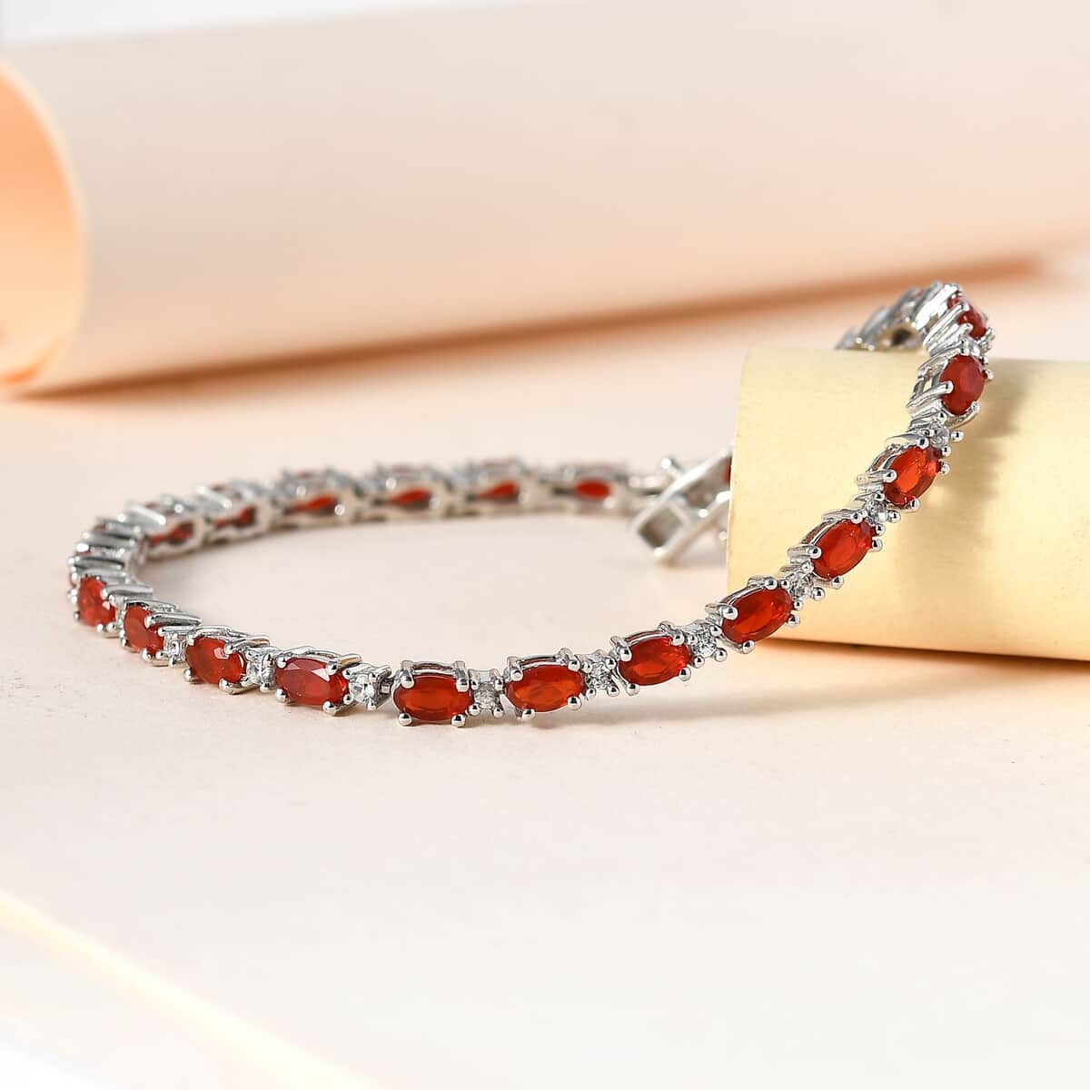 Mexican Cherry Fire Opal and White Zircon Tennis Bracelet in Platinum Over Sterling Silver (7.25 In) 4.50 ctw image number 1