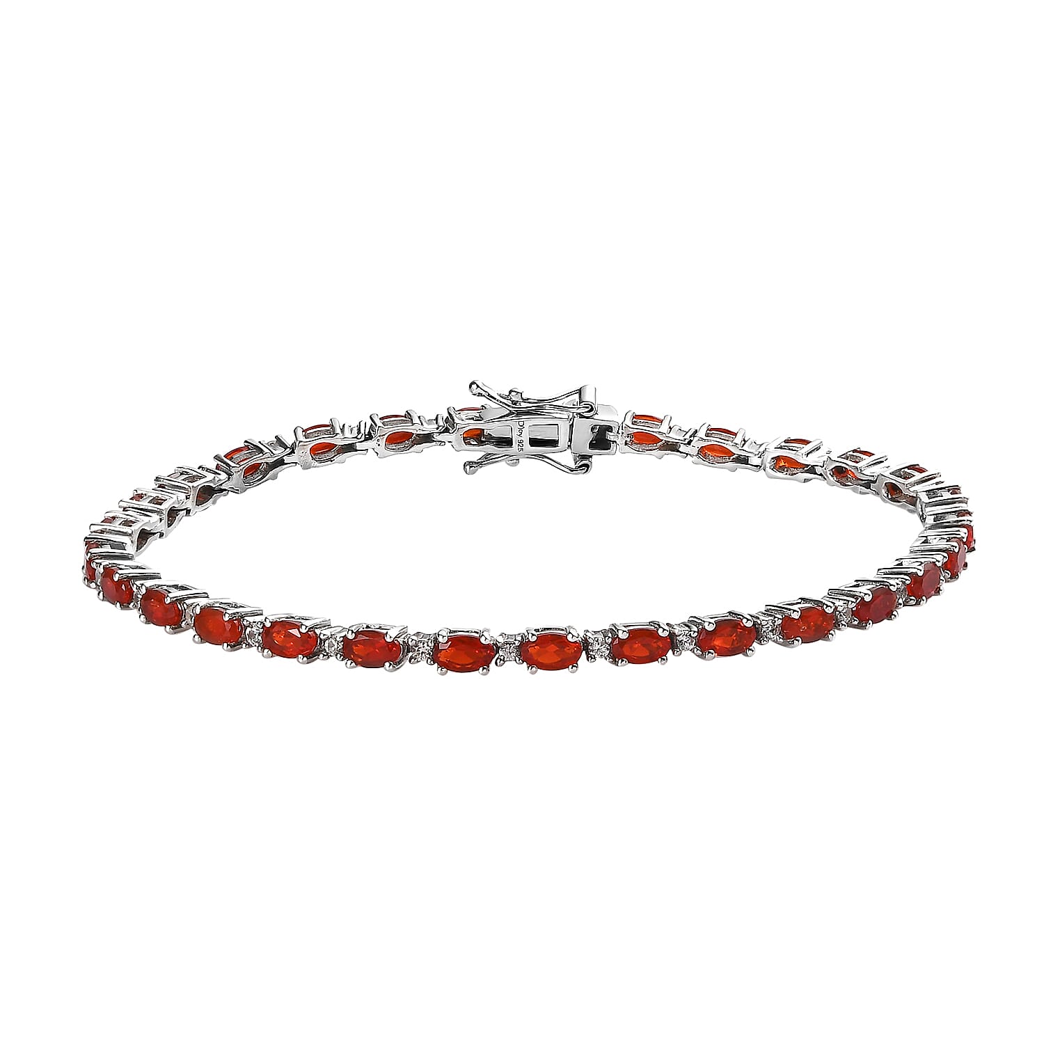 Mexican Cherry Fire Opal and White Zircon Tennis Bracelet in Platinum Over Sterling Silver (6.50 In) 3.90 ctw