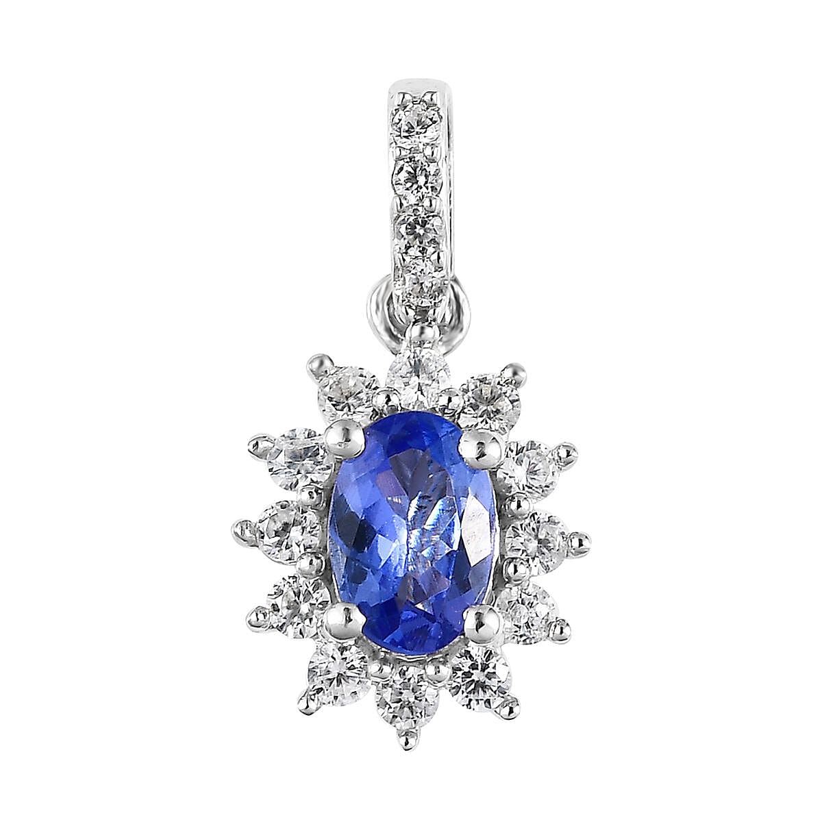 Tanzanite and White Zircon Sunburst Pendant in Platinum Over Sterling Silver 1.00 ctw