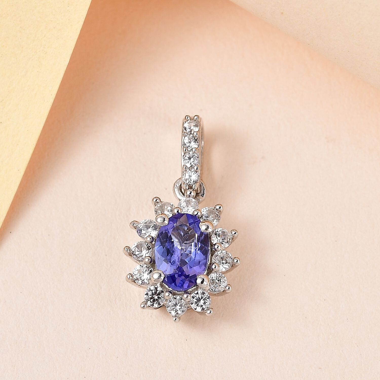Tanzanite and White Zircon Sunburst Pendant in Platinum Over Sterling Silver 1.00 ctw