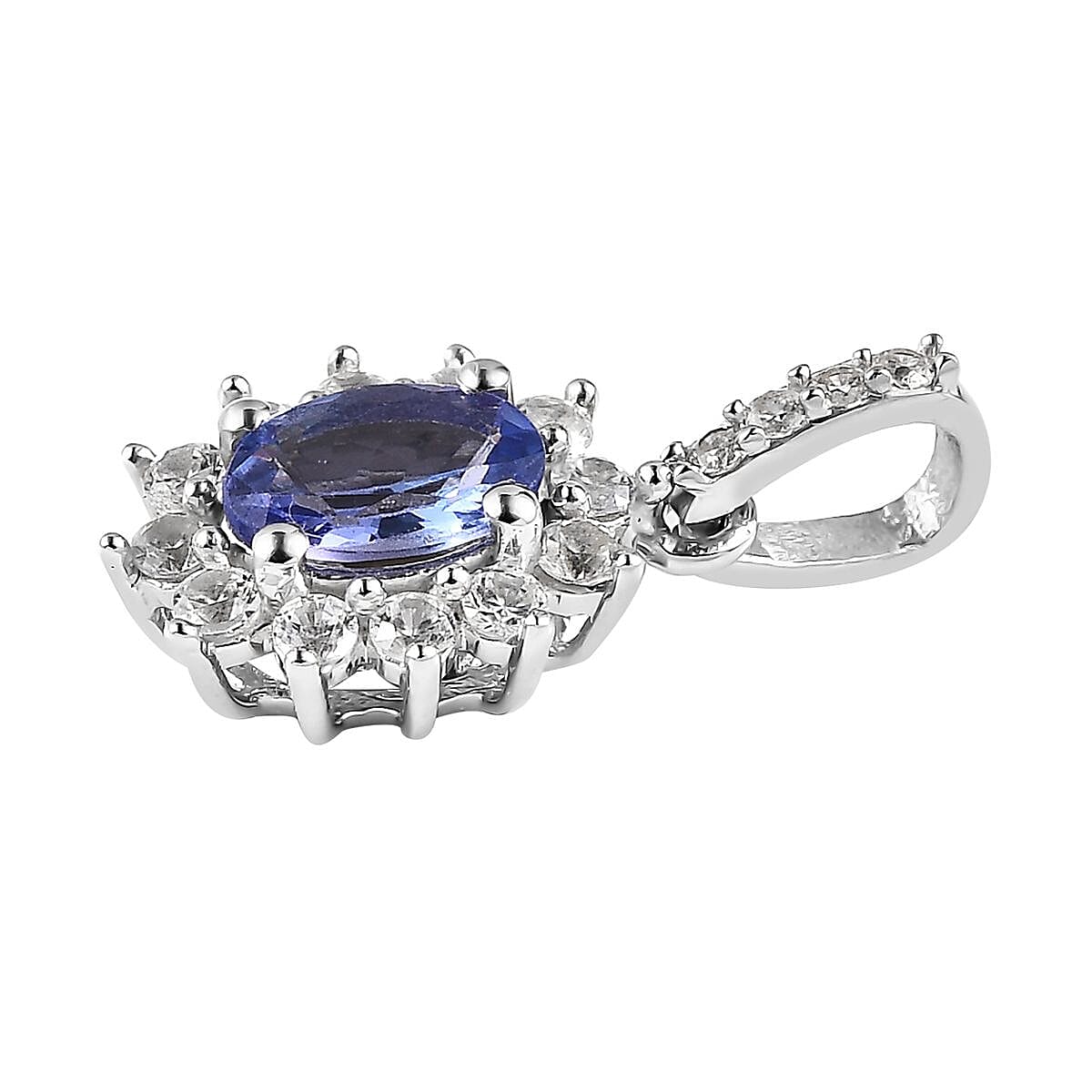 Tanzanite and White Zircon Sunburst Pendant in Platinum Over Sterling Silver 1.00 ctw