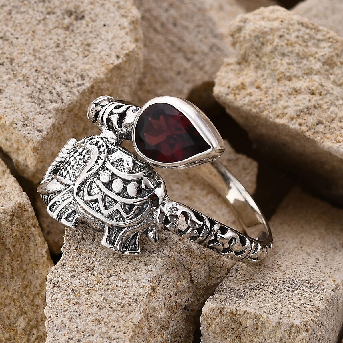 Bali Legacy Mozambique Garnet Elephant Bypass Ring in Sterling Silver (Size 8.0) 1.35 ctw image number 1