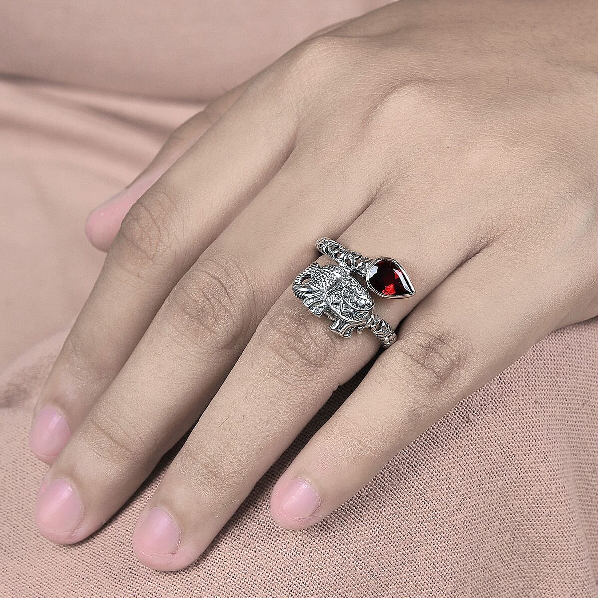 Bali Legacy Mozambique Garnet Elephant Bypass Ring in Sterling Silver (Size 8.0) 1.35 ctw image number 2