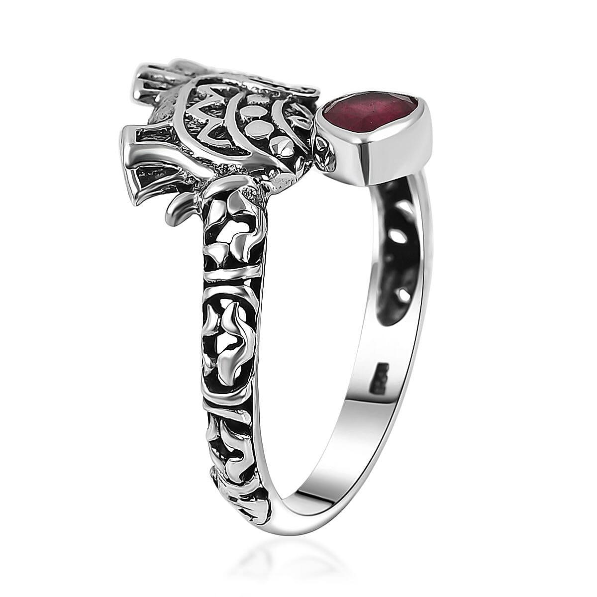 Bali Legacy Mozambique Garnet Elephant Bypass Ring in Sterling Silver (Size 8.0) 1.35 ctw image number 3