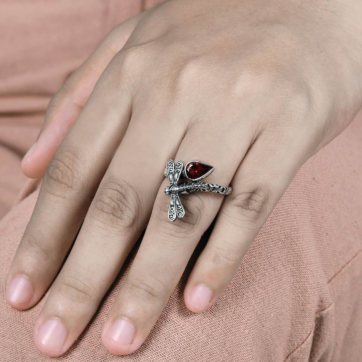 Bali Legacy Mozambique Garnet Dragonfly Bypass Ring in Sterling Silver (Size 10.0) 1.35 ctw image number 2