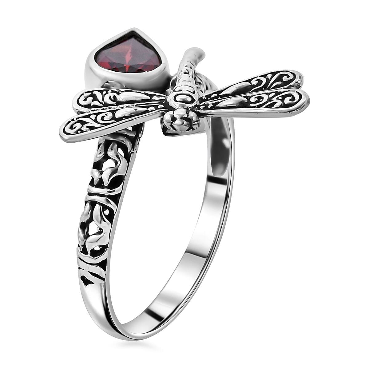Bali Legacy Mozambique Garnet Dragonfly Bypass Ring in Sterling Silver (Size 5.0) 1.35 ctw image number 3